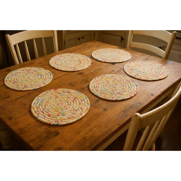 Set of 6 Braided Round Placemats – Farmhouse Country Style Table Mats Multicolor - Picture 1 of 5